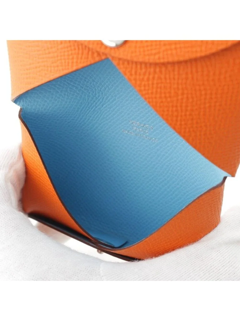 Hermes Calvi Verso Epsom Button Type Card Case Orange Celeste Bicolor